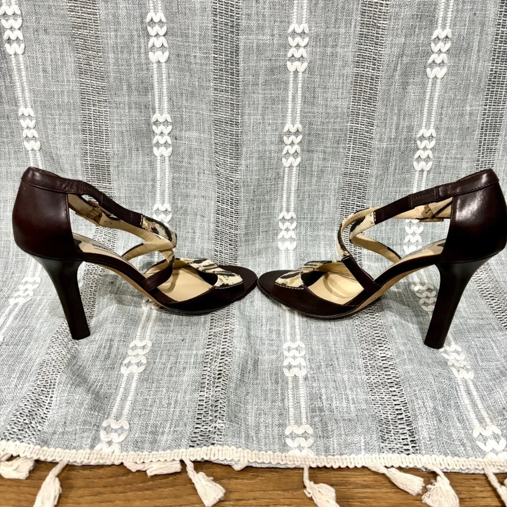Jimmy Choo London Made in Italy Leather & Leopard Canvas Peep Toe Heels Size 38